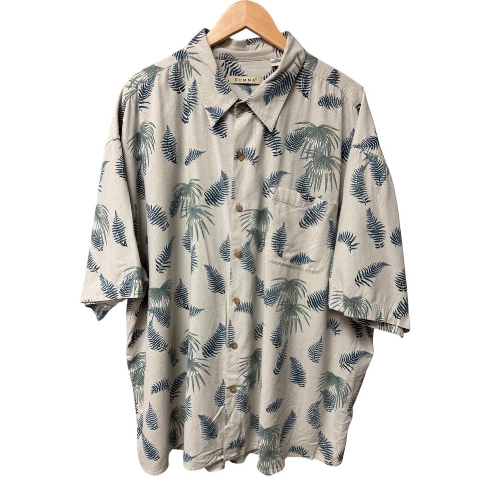 Summa 100% Silk Button Down Shirt Men 4X Beige Blue Tropical Palm Coastal Resort